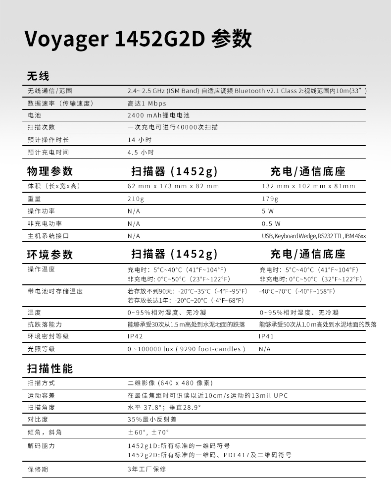 1452g二维条码扫描枪具体参数